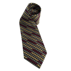 Jhane Barnes Gold Silver Geometric Stripe 100% Silk Neck Tie 59”